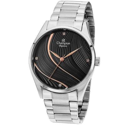 Relógio Champion Feminino Prata Strass Preto Cn24655t