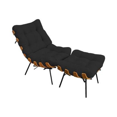 Poltrona Costela Com Puff Em Linho Preto