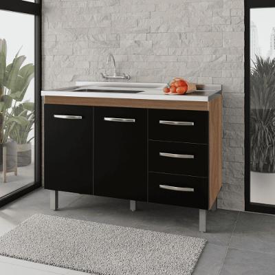 Balcão De Pia Para Cozinha 2 Portas 3 Gavetas Savana Preto