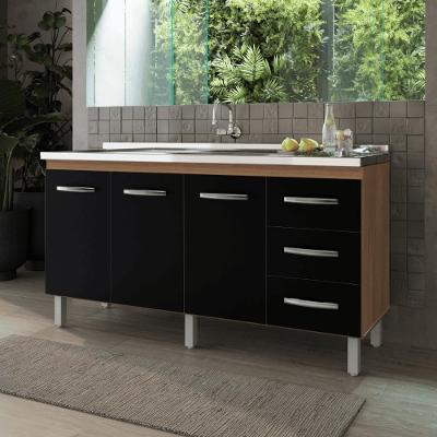 Armário Balcão De Pia 3 Portas 3 Gavetas Savana Preto