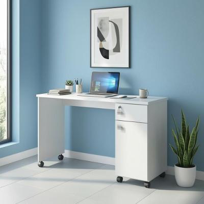 Mesa Escrivaninha Para Escritorio 135cm Com Rodinhas Branco