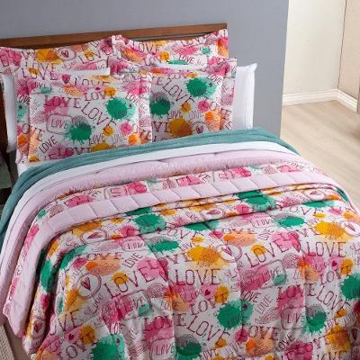 Kit Cobre Leito Amore Casal Padrão 3 Peças Percal 200 Fios 100% Algodão - Estampa Amore
