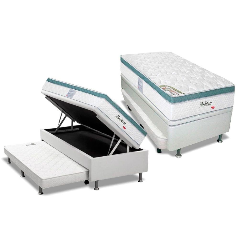 Cama Box Baú c/Auxiliar Solteiro: Colchão Molas Herval MasterPocket Meditare + Base CRC Courano Branco(88x188) - 1