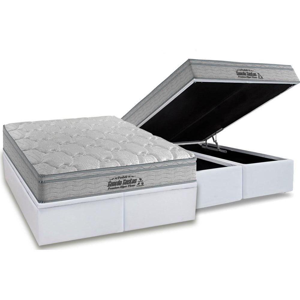 Cama Box Baú King: Colchão Espuma Probel D40 Guarda Costas Premium Hiper Firme Euro Pillow + Base CRC Courano White(193x203) - 1