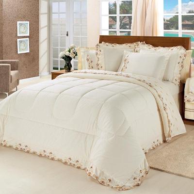 Kit Edredom Emozione Casal King Size 5 Peças Percal 200 Fios 100% Algodão Bordado - Marfim