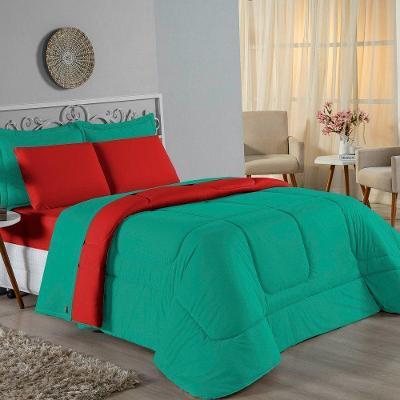 Kit Edredom Dupla Face + Jogo De Lençol Casal Nobre 7 Peças Malha 100% Algodão - Jade / Vermelho