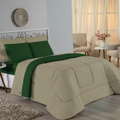 Kit Edredom Dupla Face + Jogo De Lençol Solteiro Nobre 4 Peças Malha 100% Algodão - Avelã / Verde-bandeira