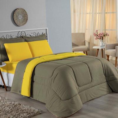 Kit Edredom Dupla Face + Jogo De Lençol Solteiro Nobre 4 Peças Malha 100% Algodão - Avelã / Amarelo