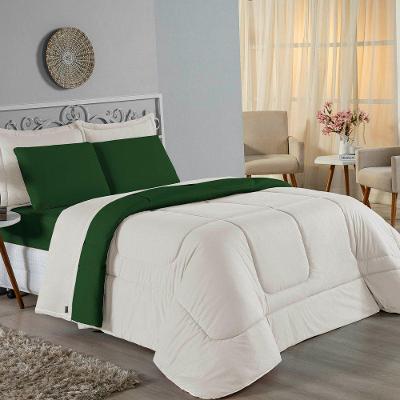 Kit Edredom Dupla Face + Jogo De Lençol Solteiro Nobre 4 Peças Malha 100% Algodão - Palha / Verde-bandeira