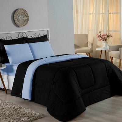 Edredom Solteiro Nobre 1 Peça Dupla Face 1,60m X 2,40m Malha 100% Algodão - Preto / Azul-bebê
