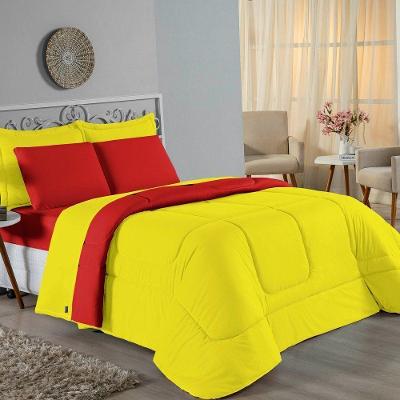 Kit Edredom Dupla Face + Jogo De Lençol Casal Nobre 6 Peças Malha 100% Algodão - Amarelo / Vermelho