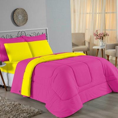 Kit Edredom Dupla Face + Jogo De Lençol Casal Nobre 6 Peças Malha 100% Algodão - Pink / Amarelo