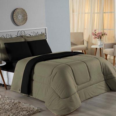 Kit Edredom Dupla Face + Jogo De Lençol Casal Viúva Nobre 6 Peças Malha 100% Algodão - Avelã / Preto