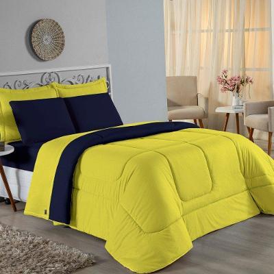 Edredom Queen Nobre 1 Peça Dupla Face 2,40m X 2,60m Malha 100% Algodão - Amarelo / Azul-marinho