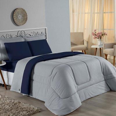 Edredom Queen Nobre 1 Peça Dupla Face 2,40m X 2,60m Malha 100% Algodão - Cinza / Azul-marinho