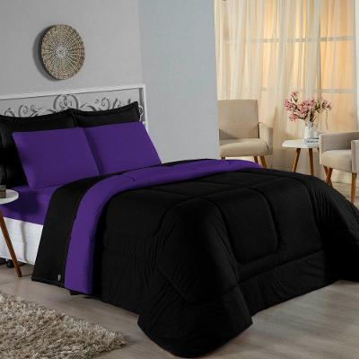 Kit Edredom Dupla Face + Jogo De Lençol Casal Viúva Nobre 6 Peças Malha 100% Algodão - Preto / Roxo