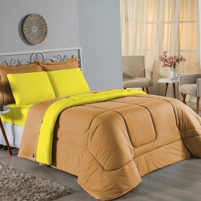 Kit Edredom Dupla Face + Jogo De Lençol Casal Viúva Nobre 7 Peças Malha 100% Algodão - Cobre / Amarelo