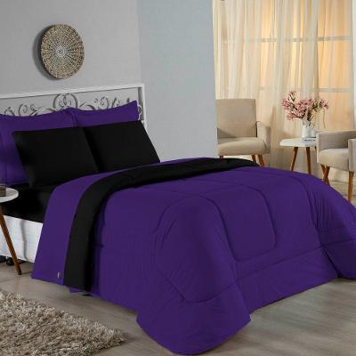 Kit Edredom Dupla Face + Jogo De Lençol Queen Nobre 7 Peças Malha 100% Algodão - Roxo / Preto