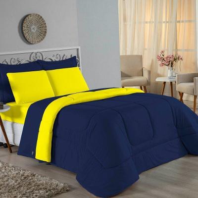 Kit Edredom Dupla Face + Jogo De Lençol Queen Nobre 7 Peças Malha 100% Algodão - Azul-marinho / Amarelo