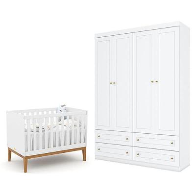 Berço Americano Unique Branco Soft Eco Wood - Matic E Guarda Roupa Infantil Americano 4 Porta Branco Hp - Henn
