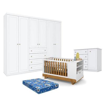 Quarto De Bebê Americano 6 Portas Com Berço Multifuncional Bkids Branco Freijó Eco Wood - Matic - Henn E Colchão Ortobom