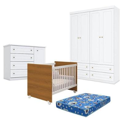 Quarto De Bebê Americano 4 Portas Com Berço Nacional Mel Branco Savana - Reller - Henn E Colchão Ortobom.