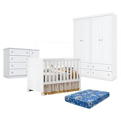 Quarto De Bebê Americano 4 Portas Com Berço Americano Katatau Branco Acetinado - Reller - Henn E Colchão Ortobom