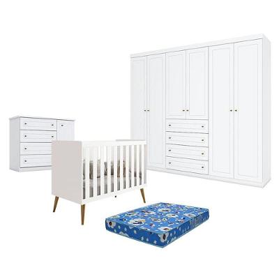 Quarto De Bebê Americano 6 Portas Com Berço Americano Katatau Branco Acetinado - Reller - Henn E Colchão Ortobom