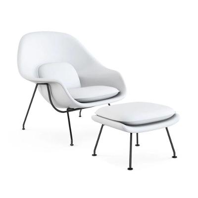 Poltrona Womb Chair Com Puff Base Preta Sintético Branco