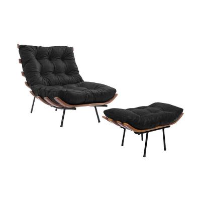 Poltrona Costela Em Couro Natural Com Puff - Preto