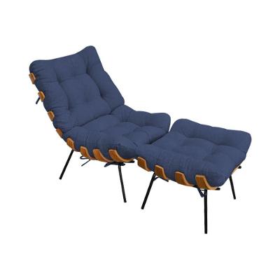 Poltrona Costela Com Puff Em Linho Azul