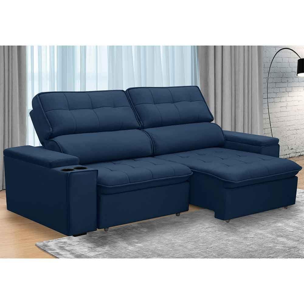 Sofá Retrátil Reclinável 3 Lugares 250Cm Ginevra F05 Veludo Azul - 5