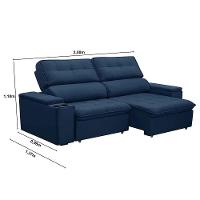 Sofá Retrátil Reclinável 3 Lugares 250Cm Ginevra F05 Veludo Azul - 3