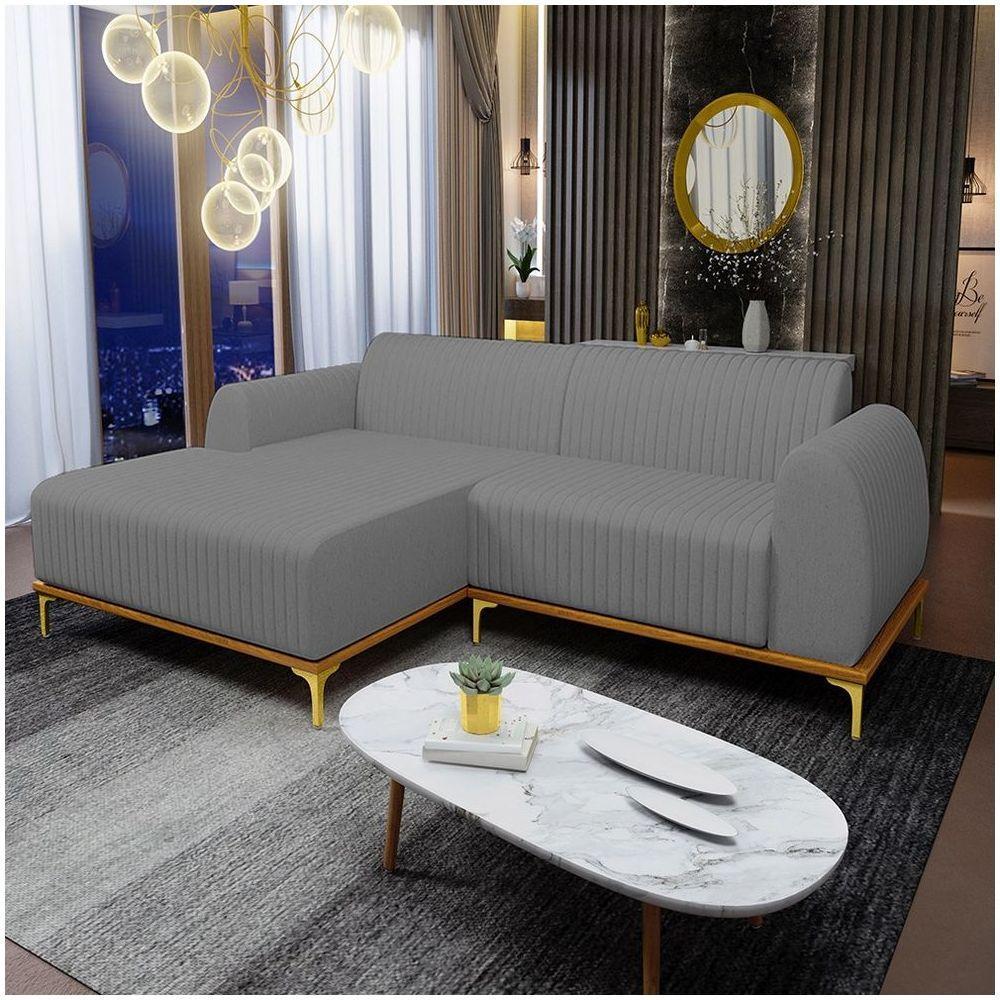 Sofá 265Cm 4 Lugares Com Chaise Esquerdo Pés Gold Molino C-416 Linho Cinza Escuro - Domi - 6