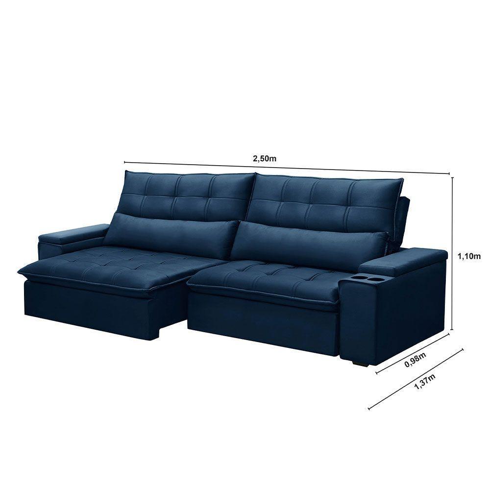 Sofá Retrátil Reclinável 3 Lugares 250Cm Moritz F05 Veludo Azul - 2