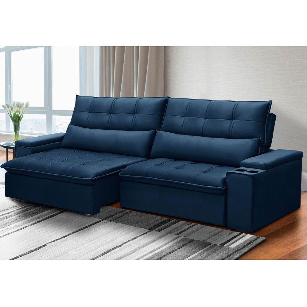 Sofá Retrátil Reclinável 3 Lugares 250Cm Moritz F05 Veludo Azul - 4