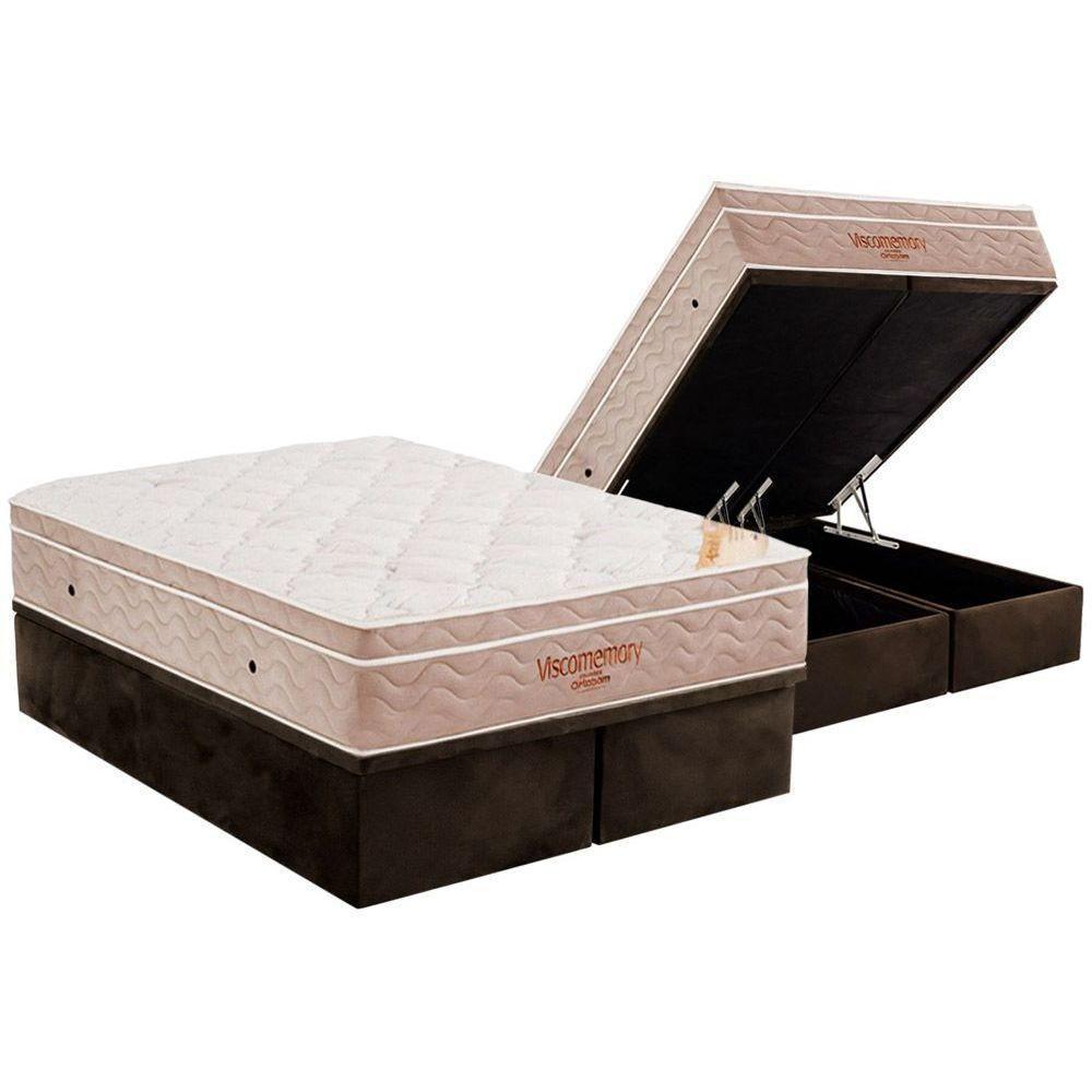 Cama Box Baú Queen: Colchão Espuma Ortobom D33 Viscoelástico Apollo Viscomemory + Base CRC Suede Brown(158x198) - 1