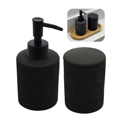 Jogo De Banheiro Kit 2 Peças Pote Organizador E Porta Sabonete Cerâmica Folhas Leaf Preto Wolff