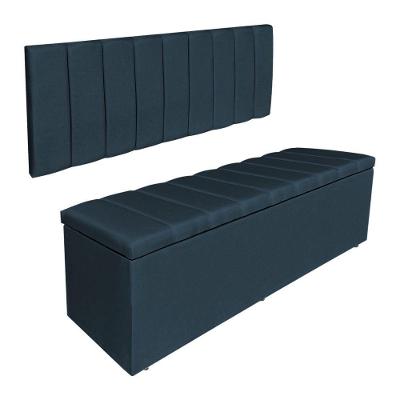 Kit Cabeceira Painel E Calçadeira Recamier Baú Queen 1,60m Holanda Suede - Pallazio Cor Azul Marinho