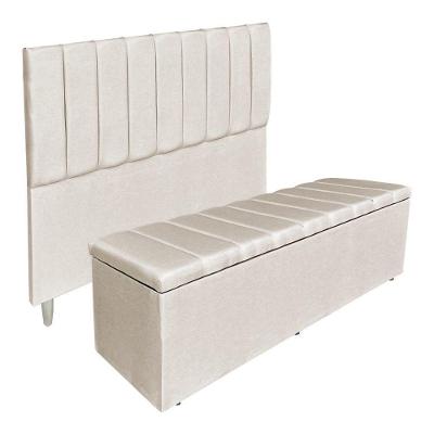 Kit Cabeceira E Calçadeira Recamier Baú Casal 1,40m Holanda Suede - Pallazio Cor Bege