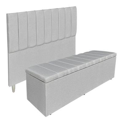 Kit Cabeceira E Calçadeira Recamier Baú Casal 1,40m Holanda Linho - Pallazio Cor Cinza