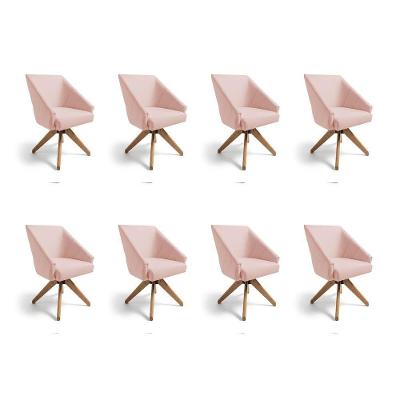 Kit 8 Poltronas Giratórias Alana Suede Rosa Bebê Base De Madeira - Pallazio