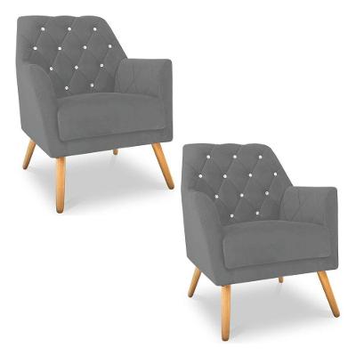 Kit 2 Poltronas Velvet Strass Veludo Pés De Madeira Grafite - Pallazio