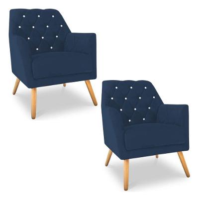 Kit 2 Poltronas Velvet Strass Veludo Pés De Madeira Azul Marinho - Pallazio