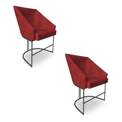 Kit 2 Poltronas Luxo Alana Suede Vermelho Base Ferro Preto - Pallazio
