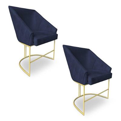 Kit 2 Poltronas Decorativas Alana Veludo Base De Ferro Dourado - Pallazio Cor Azul Marinho