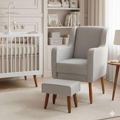 Poltrona Amamentação Pés Palito Naná E Puff Linho - Pallazio Cor Cinza