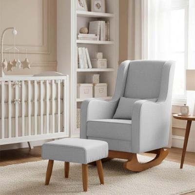 Poltrona Amamentação Encosto Alto Com Balanço Naná E Puff Linho - Pallazio Cor Cinza