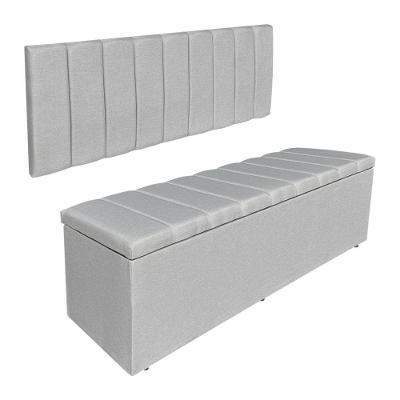Kit Cabeceira Painel E Calçadeira Recamier Baú Casal 1,40m Holanda Linho - Pallazio Cor Cinza