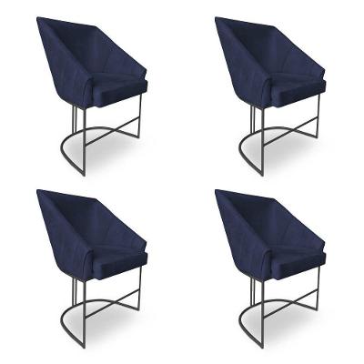 Kit 4 Poltronas Luxo Alana Suede Base Ferro Preto - Pallazio Cor Azul Marinho
